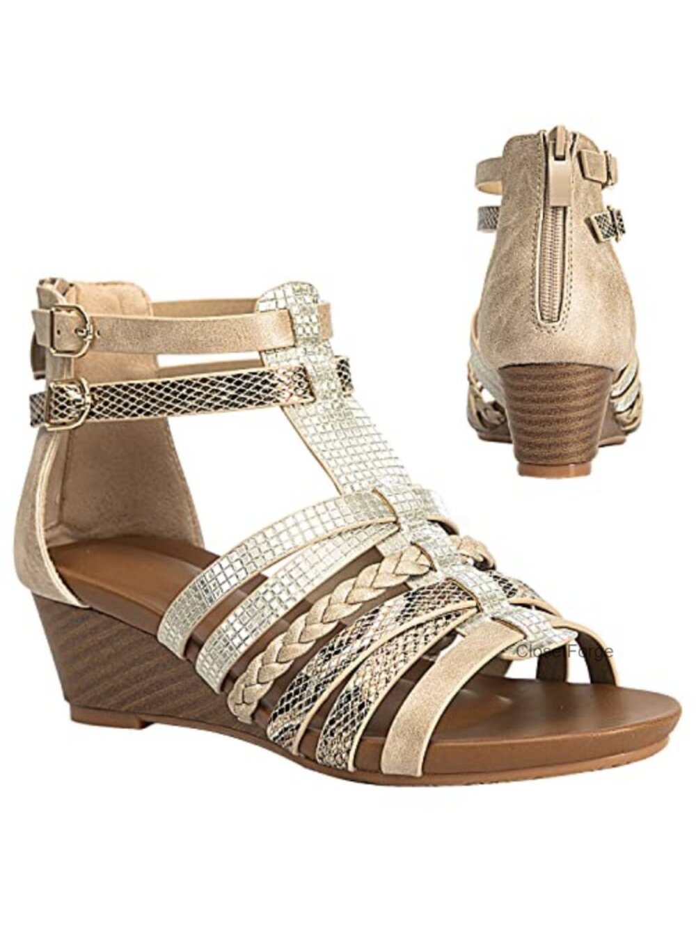 Women's Strappy Zip Gladiator Wedge Sandals Faux Leather Open Toe Roman